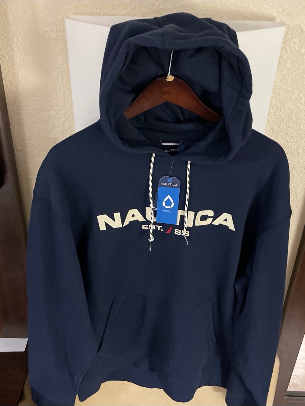 Nautica Men's Navy Crewneck Hoodie with Cream Logo